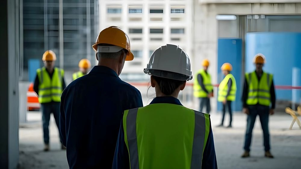 A group of construction workers standing in front of a building A group of construction workers standing in front of a building