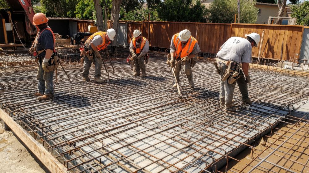 Construction Workers Installing Rebar for a Concrete Foundation