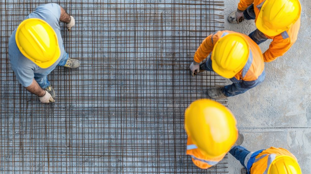 Construction workers collaborating on steel reinforcement grid