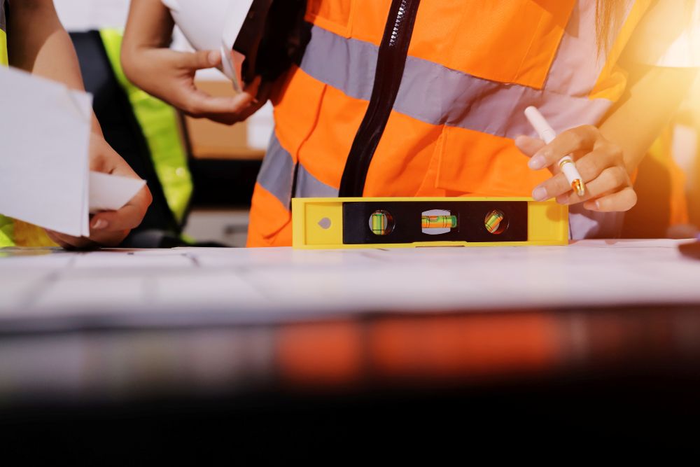 construction worker is holding a measuring tape construction worker is holding a measuring tape
