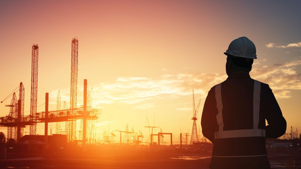 A man in a hard hat standing in front of a construction site A man in a hard hat standing in front of a construction site