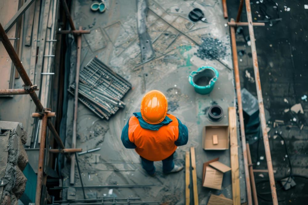 Construction worker in high-visibility clothing and a hard hat overseeing site operations from above.