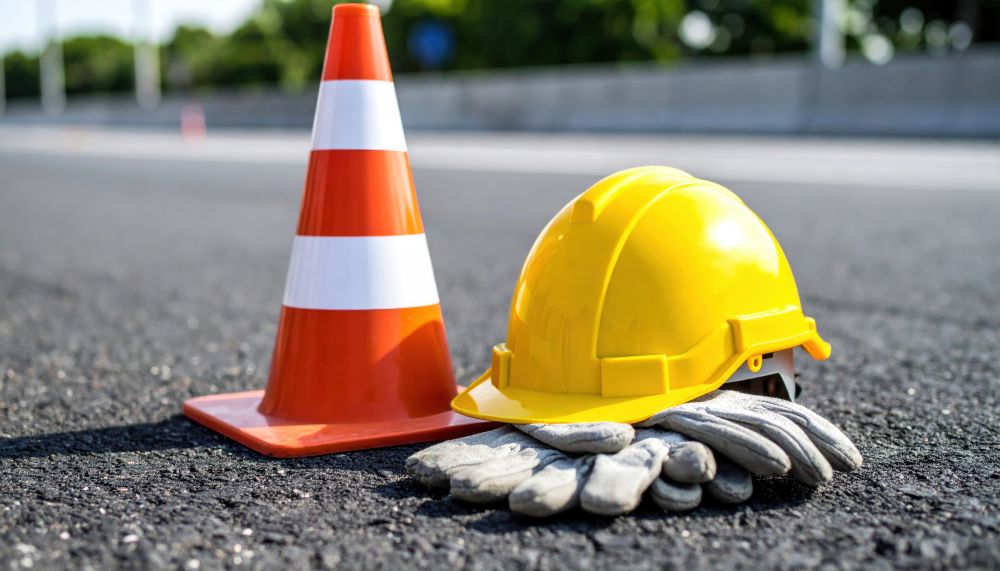 Vibrant traffic cone, yellow helmet, and pair of work gloves rest on asphalt