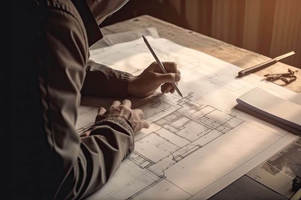 Architect or engineer working on blueprint at office building site