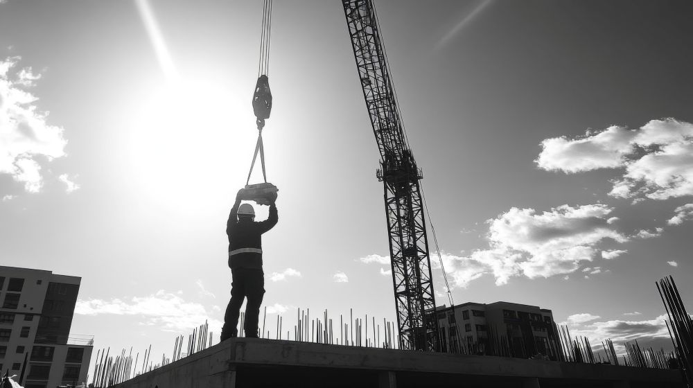 Construction Worker on Top of Building with Crane in the Background Construction Worker on Top of Building with Crane in the Background