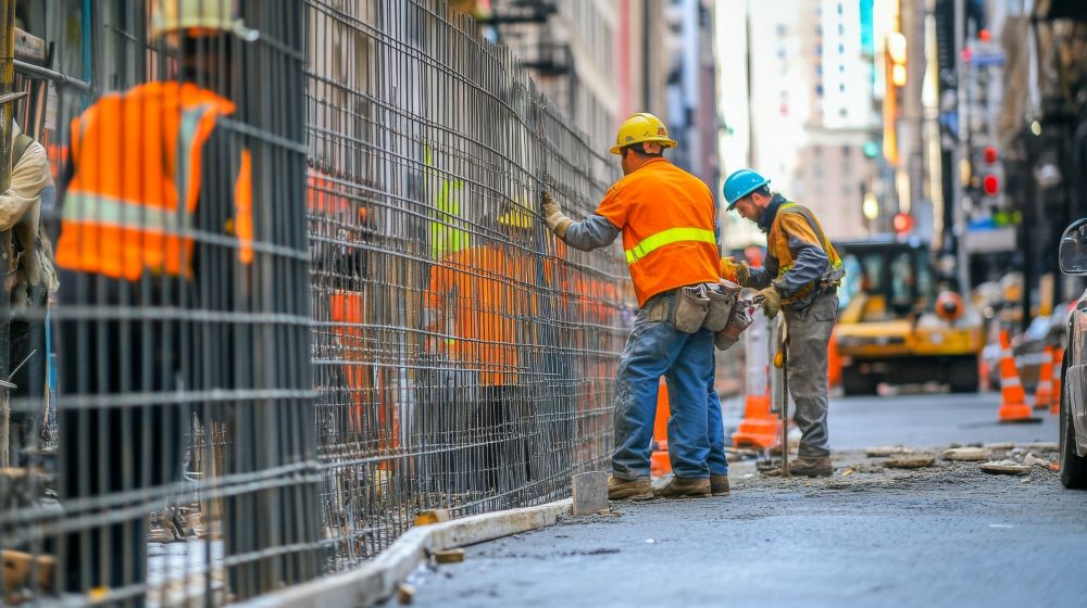 Two Construction Workers Standing By A Fence In An Urban Setting