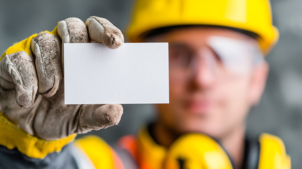 Close-up of a construction worker's hand holding a blank card while wearing safety gear Close-up of a construction worker's hand holding a blank card while wearing safety gear