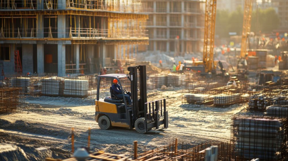 Construction Worker Operating a Forklift at a Building Site