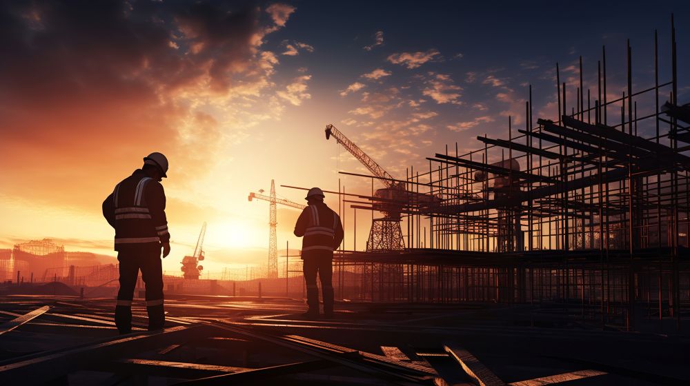 Two construction workers stand in front of a construction site