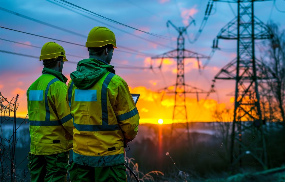 Two workers in high vis jackets stand in front of sunset and power lines